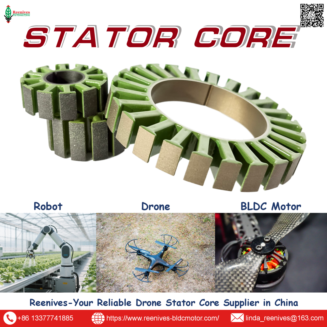 Electric motor rotor stator by Reenives — matched cores, low core loss, epoxy coated. Free samples.
